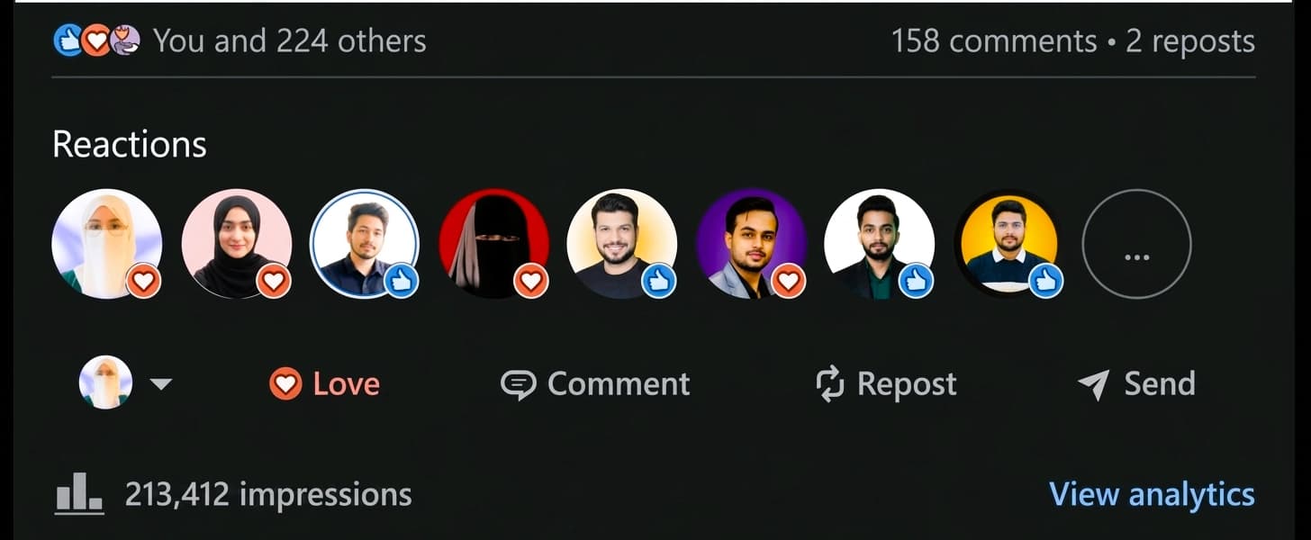 LinkedIn post engagement: 224 reactions, 158 comments, 213,412 impressions